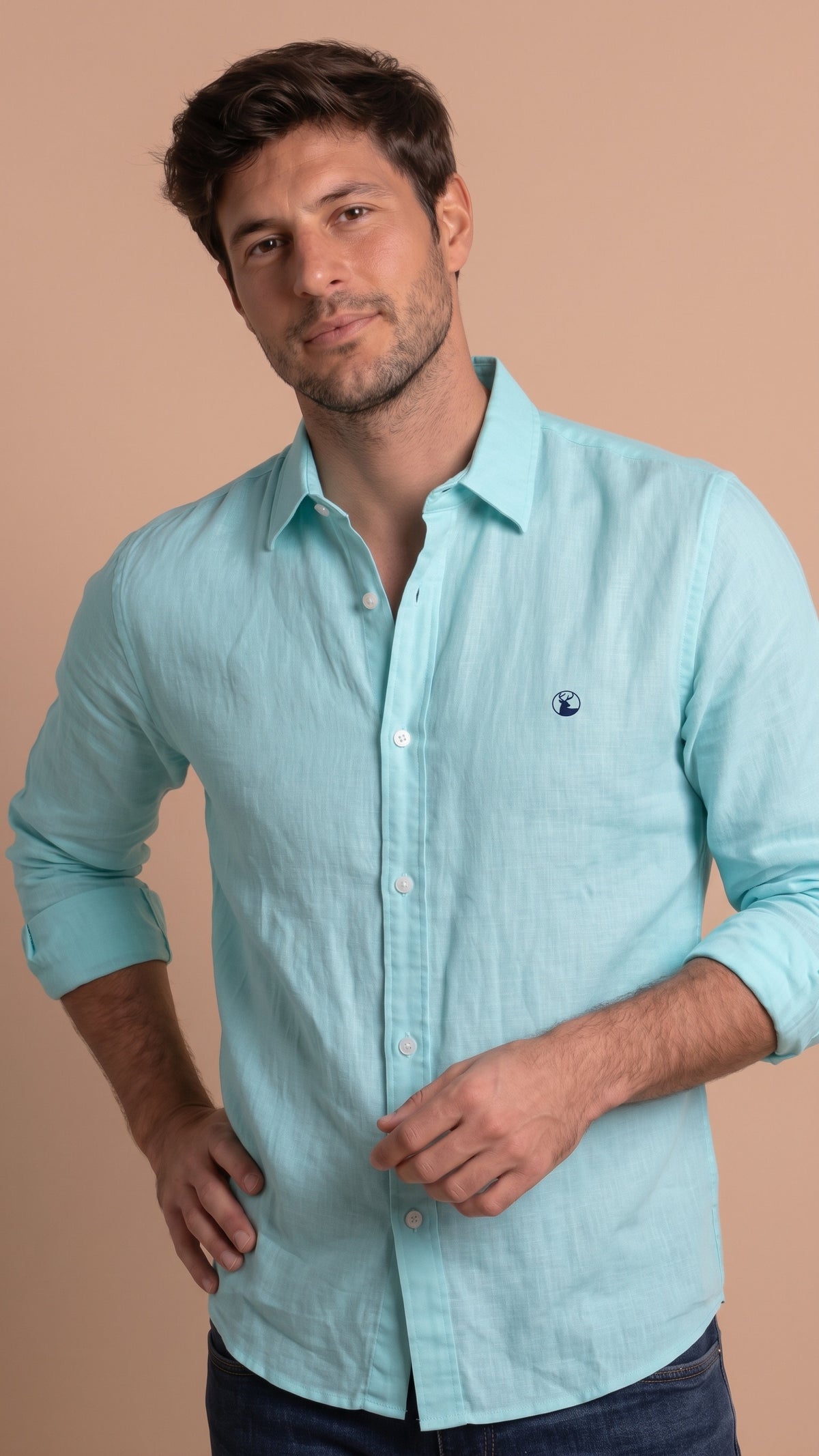 Camisa Lino Turquesa Modelo Di Fabio - Fogliatti